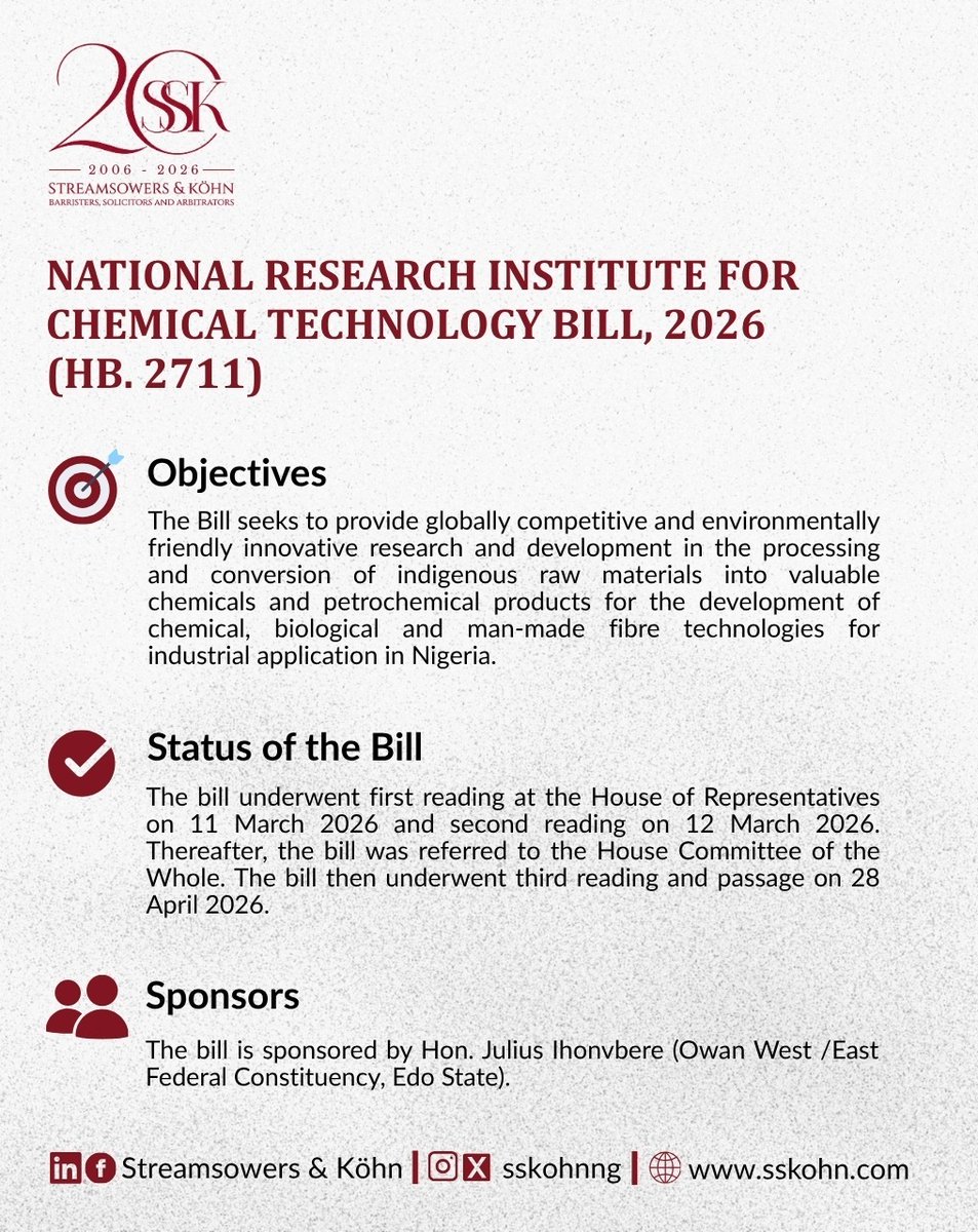 SSKohnNG's tweet photo. The NATIONAL RESEARCH INSTITUTE FOR CHEMICAL TECHNOLOGY BILL, 2026 (HB. 2711) seeks to provide globally competitive and environmentally friendly innovative research and development.

Swipe to learn more.

#WeAreSSK https://t.co/DHyiPPibdU