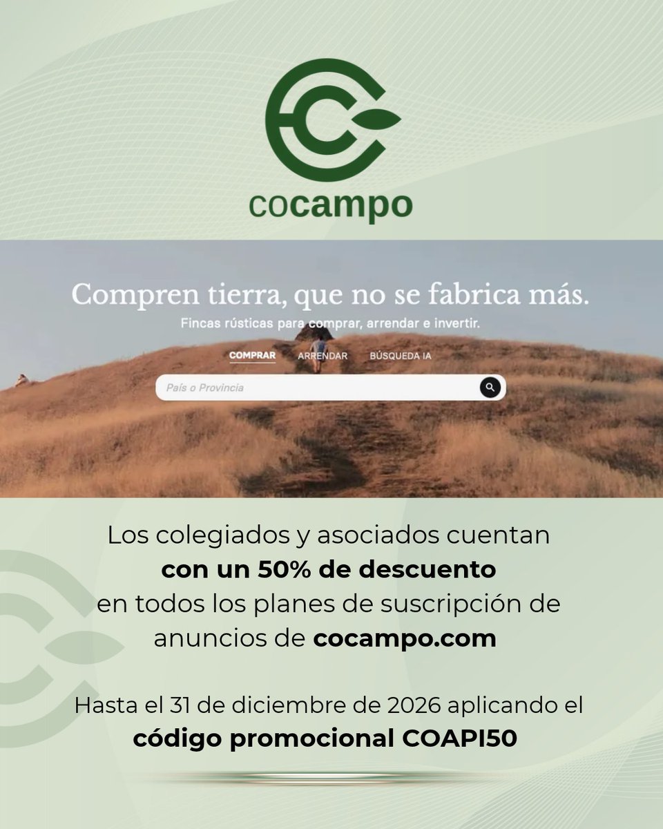 consejoCOAPI's tweet photo. 🌾 ¡Impulsa tu cartera de inmuebles rústicos con Cocampo! Gracias a este acuerdo, colegiados y asociados del CGCOAPI disponéis de un 50% de descuento en todos sus planes de anuncios.
🎁 Código: COAPI50 💻 Web: https://t.co/XAaZzndZMg 📅 Validez: Hasta el 31/12/2026
#Cocampo https://t.co/B7nkZDL5Kr
