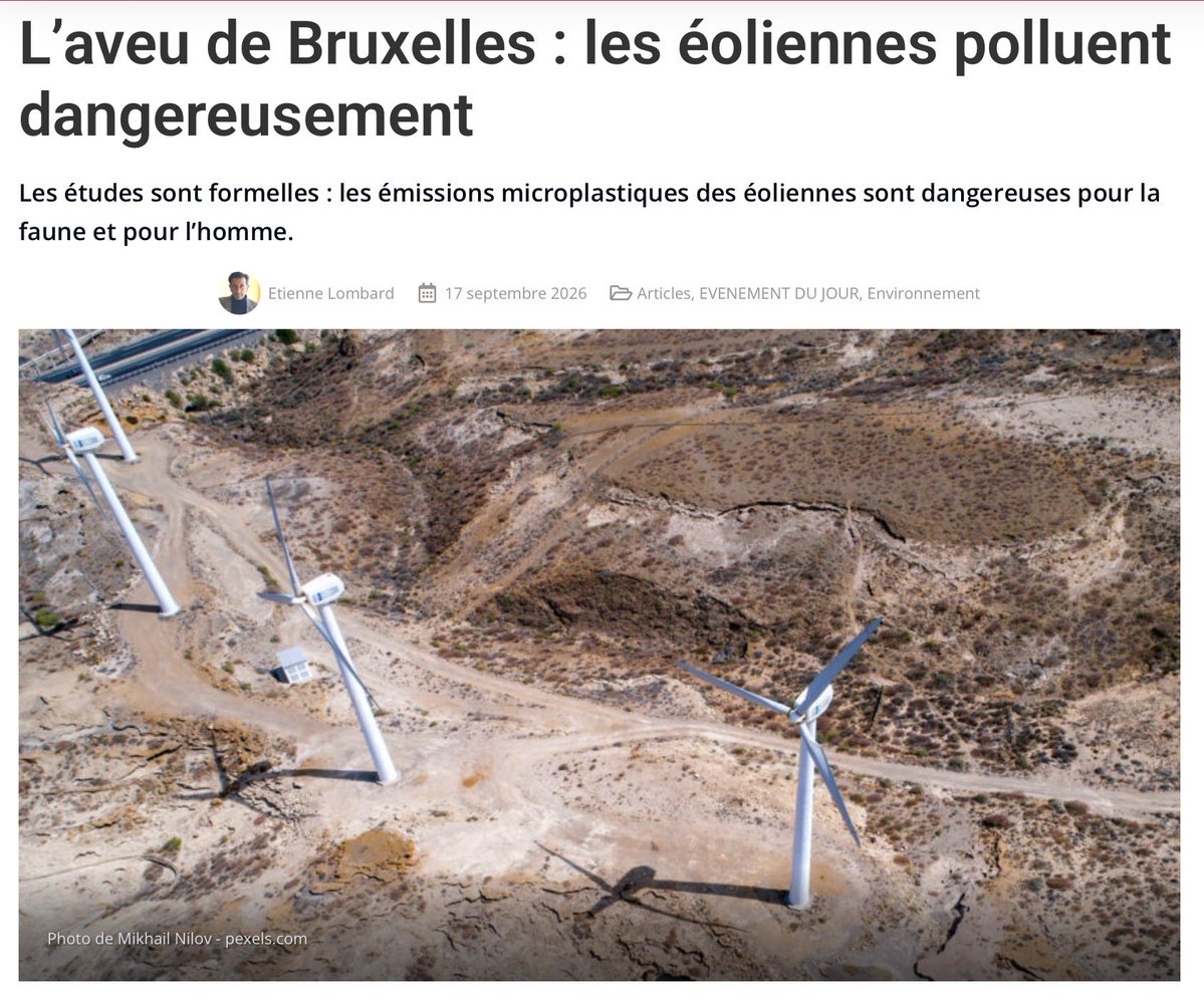 arnoldschruof's tweet photo. Une éolienne perd environ 60kg de micro plastiques par an qui s’éparpille dans l’air. Les éoliennes ne polluent pas seulement nos paysages, elles polluent aussi l’air que nous respirons 🧐🤦‍♂️😨🤮 https://t.co/xi7xUgVSHK
