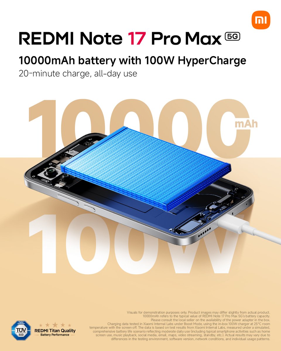 XiaomiIndonesia's tweet photo. More power. Less waiting.

Dengan baterai Silicon-Carbon 10,000mAh dan 100W Hyper Charge, REDMI Note 17 Pro Max 5G #AlwaysReady sampai 3 hari hanya dengan 20 menit charge!!

Penasaran mau buktiin? Yuk buruan ke Official Store Xiaomi Indonesia atau partner resmi kami sekarang juga!

#REDMINote17SeriesID
#REDMINote17SeriesID
#TitanPowerGoMax
#XiaomiIndonesia