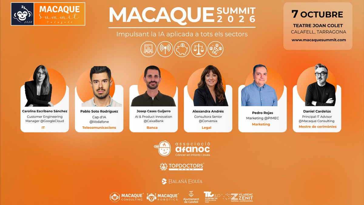 TICSud's tweet photo. 🚀El #TICSud col·labora amb el Macaque Summit 2026 impulsat per l'empresa associada #MacaqueConsulting!

📅7 d’octubre
⏰9:30h
📍Teatre Joan Colet. Calafell
👇Entrades i programa complet👇https://t.co/9C3DCpwPxH

📌 L'import net de cada entrada es destinarà a @AFANOC https://t.co/nW2hH0dNer