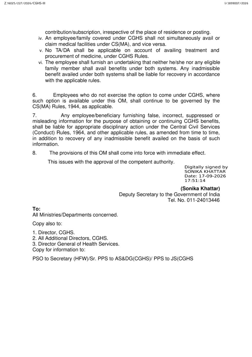 CSSforum_'s tweet photo. #CGHS Update: 

Ministry of Health & Family Welfare has dispensed with the existing geographical criterion for CGHS eligibility.

🔹 Employees residing/posted outside CGHS-covered areas can exercise a one-time option to join CGHS, subject to eligibility and prescribed contribution.

🔹 Employees within CGHS-covered areas will continue to be mandatorily covered under CGHS. 
#CGHS #CentralGovernmentEmployees #MoHFW
