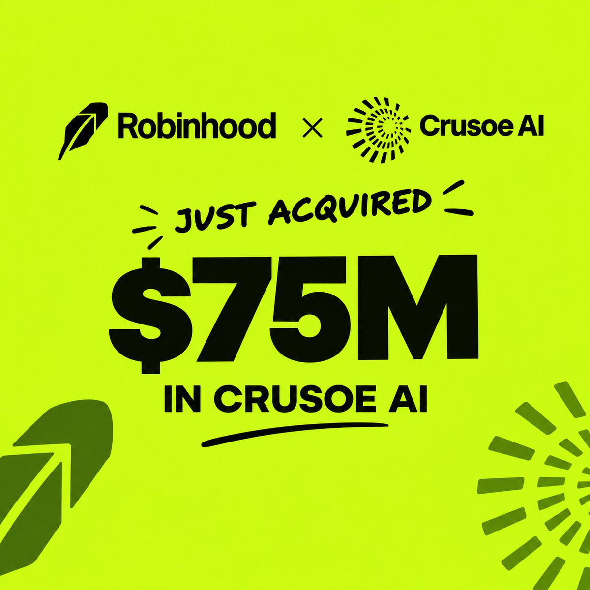 Last_soncryp's tweet photo. Robinhood venture fund I, just put $25M into Crusoe’s Series F.

@CrusoeAI builds the energy-first data centers and AI cloud behind the boom. 

For Robinhood, it’s another private-market name everyday investors can own through a public ticker instead of a VC check.

Same fund already has:

OpenAI - $75M  
Databricks - $75M  
Mercor - $50M  
Revolut - $50M  
Whatnot - $30M  
Canva - $25M  
Boom ~$25M  
Oura - $25M  
Airwallex - $25M  
Ramp - $25M  
ElevenLabs - $20M  
Stripe - $15M+  
SpaceX - $9M  

The play is simple.  @RobinhoodApp wants to be the retail door into late stage private tech, AI models, the infrastructure under them, fintech, and a few consumer/space names and keep that flow inside its app.

Which Ai is gonna be added on the list next?