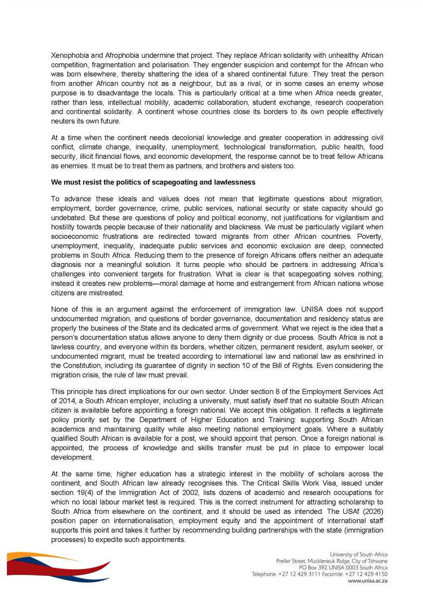 unisa's tweet photo. Unisa statement on xenophobic violence in South Africa: https://t.co/TEoXQzXMq6 https://t.co/ErtjdQSfNi