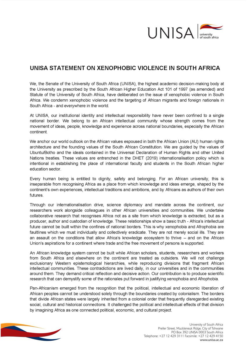unisa's tweet photo. Unisa statement on xenophobic violence in South Africa: https://t.co/TEoXQzXMq6 https://t.co/ErtjdQSfNi