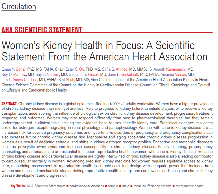 AHAScience's tweet photo. Globally, one in 10 women lives with chronic kidney disease (CKD), which is closely intertwined with cardiovascular risk as part of the cardiovascular-kidney-metabolic syndrome.

This scientific statement highlights the pressing need for studying sex-specific pharmacokinetics and pharmacodynamics in CKD therapeutics to develop more sex-specific personalized drug dosing, selection, and risk management strategies. https://t.co/423i8BDRCD