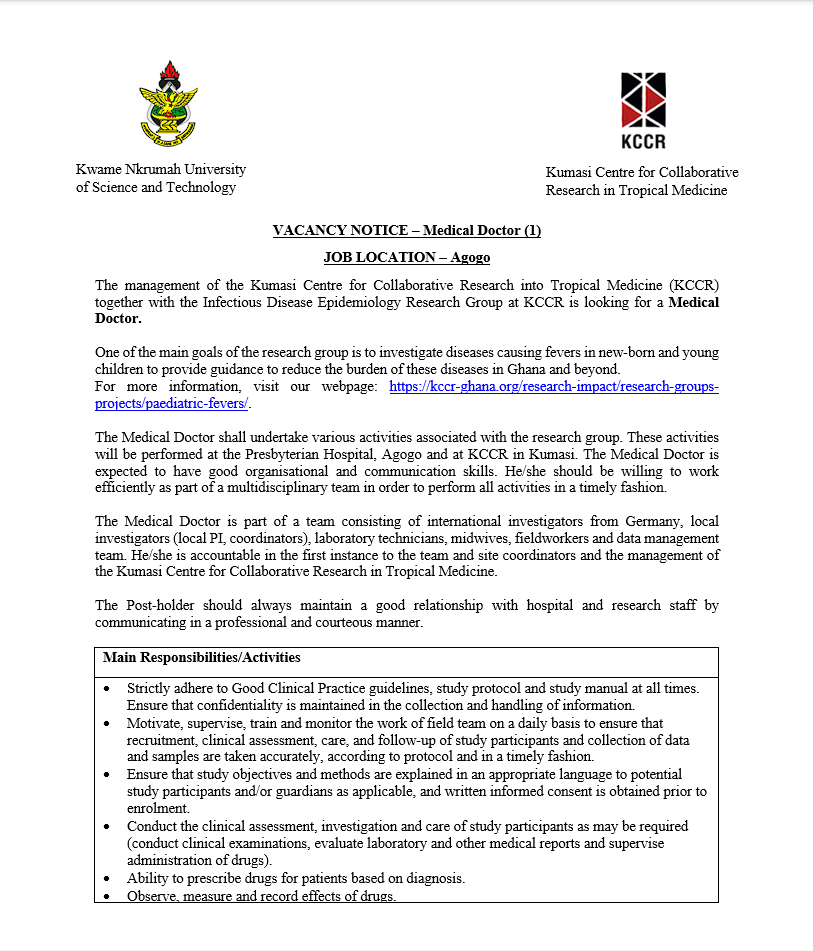 KCCR_GH's tweet photo. VACANCY NOTICE – Medical Doctor

The management of KCCR together with the Infectious Disease Epidemiology Research Group at KCCR is looking for a Medical Doctor. 

Click Here For full Detailed Information ⬇️
https://t.co/WuMt9ZgwVP https://t.co/3qDjENtEK9