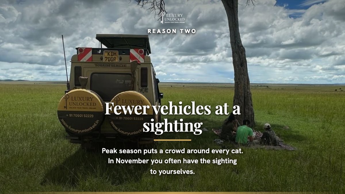 luxury_unlocked's tweet photo. November in the Masai Mara, the month most people skip.  

The short rains arrive and the plains turn green. Showers are usually brief, often in the afternoon, and the skies afterwards are the reason photographers come now. 

Fewer vehicles at a sighting, and camp rates below peak.