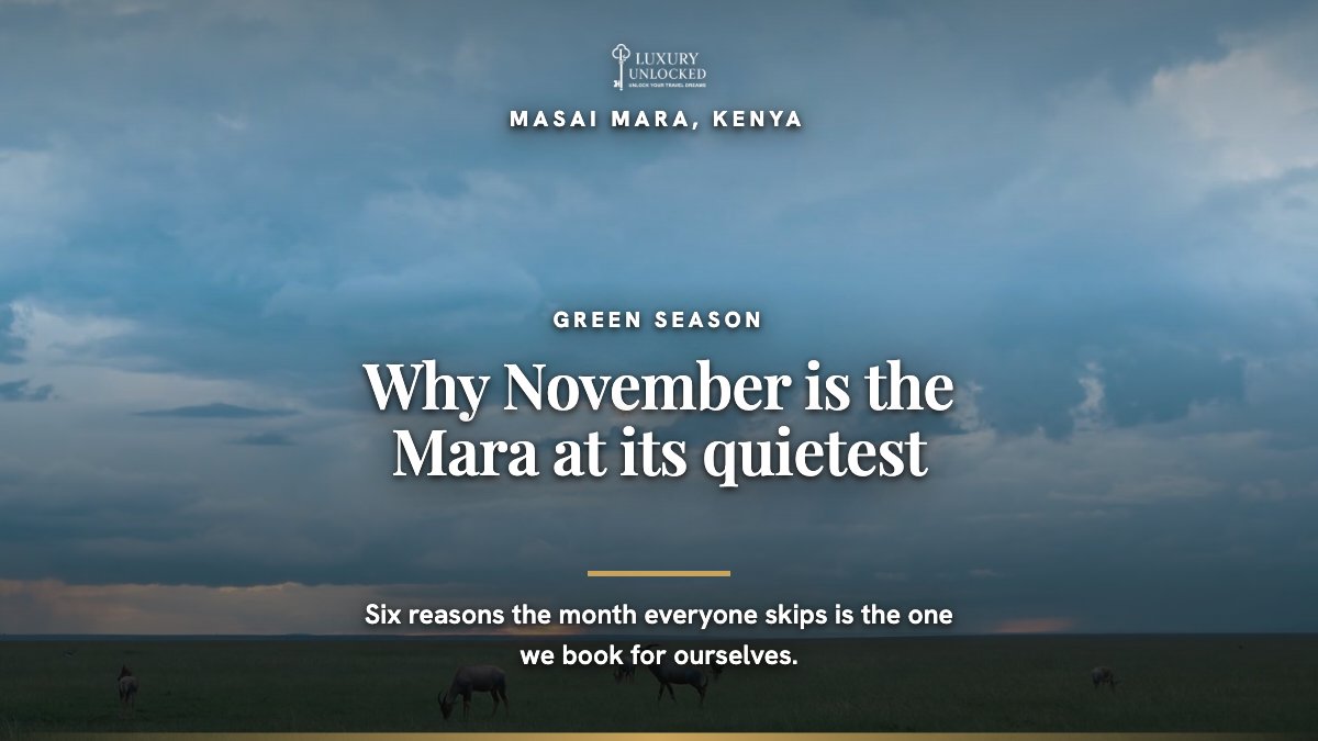 luxury_unlocked's tweet photo. November in the Masai Mara, the month most people skip.  

The short rains arrive and the plains turn green. Showers are usually brief, often in the afternoon, and the skies afterwards are the reason photographers come now. 

Fewer vehicles at a sighting, and camp rates below peak.