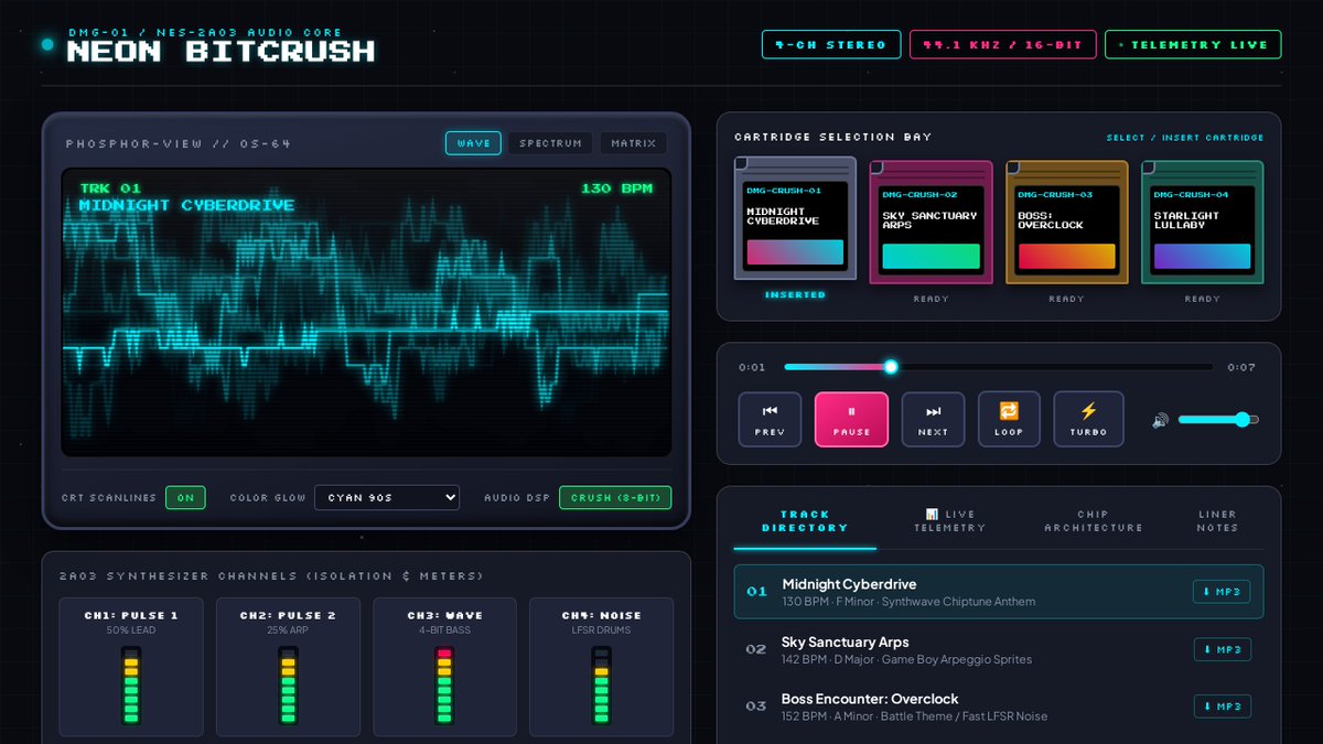 Jaxmatrix2's tweet photo. Built a retro 8-bit chiptune album showcase from scratch: NEON BITCRUSH 🕹️⚡

Procedural 4-channel sound synthesis (NES 2A03 / Game Boy LR35902 core): 

• 2x Pulse leads with custom duty cycles & pitch vibrato • 4-bit stepped wave bass 
• 15-bit LFSR noise percussion

Features a live CRT oscilloscope, interactive cartridge swapping bay, channel VU meters, and built-in telemetry.

Try the player live: https://t.co/5qcxEahXhU