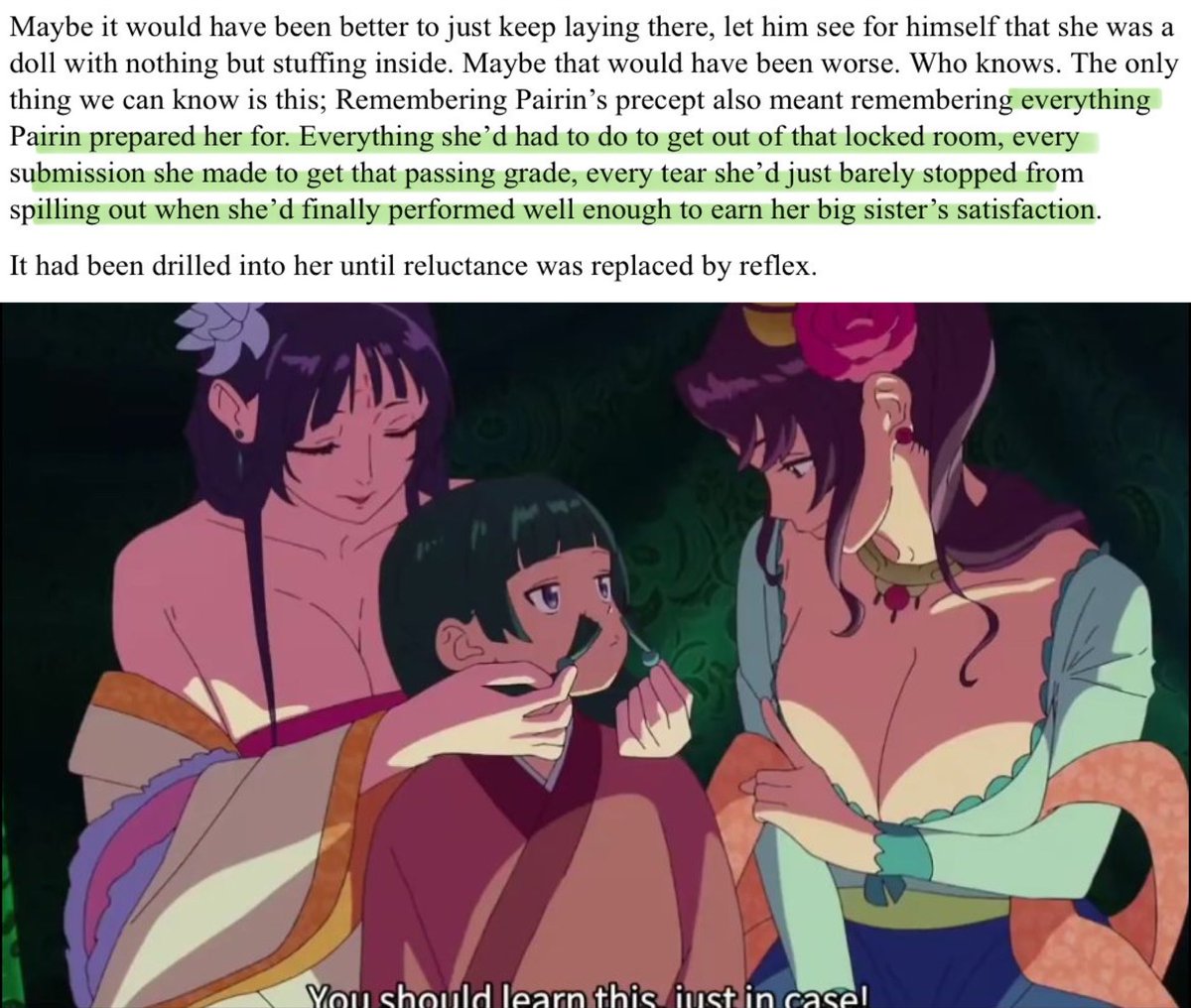 vitaaeris's tweet photo. I like how TAD is able to mix funny scenes like this with a reminder of how Maomao was heavily groomed in her childhood. All this sex-knowledge she has was taught/forced on her as a little girl. It’s why she’s so emotionally stunt now and, in her belief, incapable to feel love. https://t.co/hJxDkDh6Xv