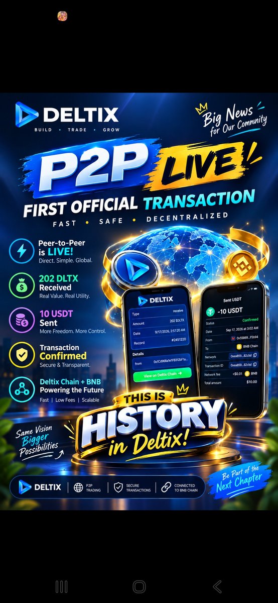 rani_deepi43073's tweet photo. 🚀 Deltix P2P — A New Chapter Begins
Deltix P2P is now live! 🌍⚡
The first official P2P transaction marks an exciting milestone for the Deltix ecosystem. 💎
🔄 Peer-to-Peer is LIVE
💰 202 DLTX received
💵 10 USDT sent
✅ Transaction confirmed
🔗 Deltix Chain + BNB https://t.co/l1FHXftyDE