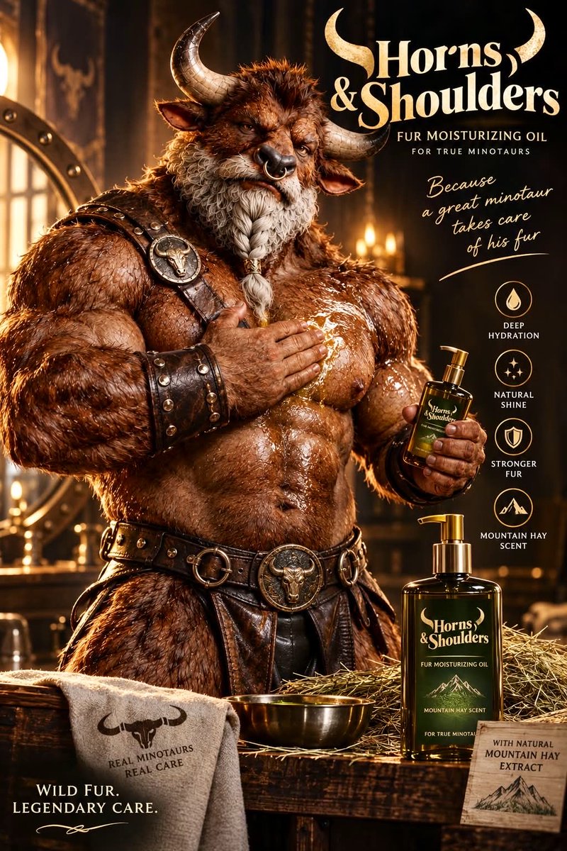 Jonathan_C_Bull's tweet photo. Mooo! 🐂 More products for us Minotaurs to take care of our bodies. Created by my beloved Minotaur @Kronodudu ! If you're a Minotaur too, give our products a try! 😁🐂🥰♉️🔝#minotaur #bull #hooves #hoof #bovine #care #furcare #SkincareRoutine https://t.co/uijiuxmsyJ
