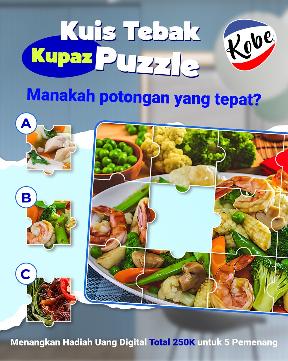 dapurkobe's tweet photo. Kuis Tebak Puzzle! 💃🏻

Yuk jawab manakah potongan yang tepat?
Menangkan hadiah uang digital total 250K untuk 5 pemenang!💸 https://t.co/GlAvzpi797