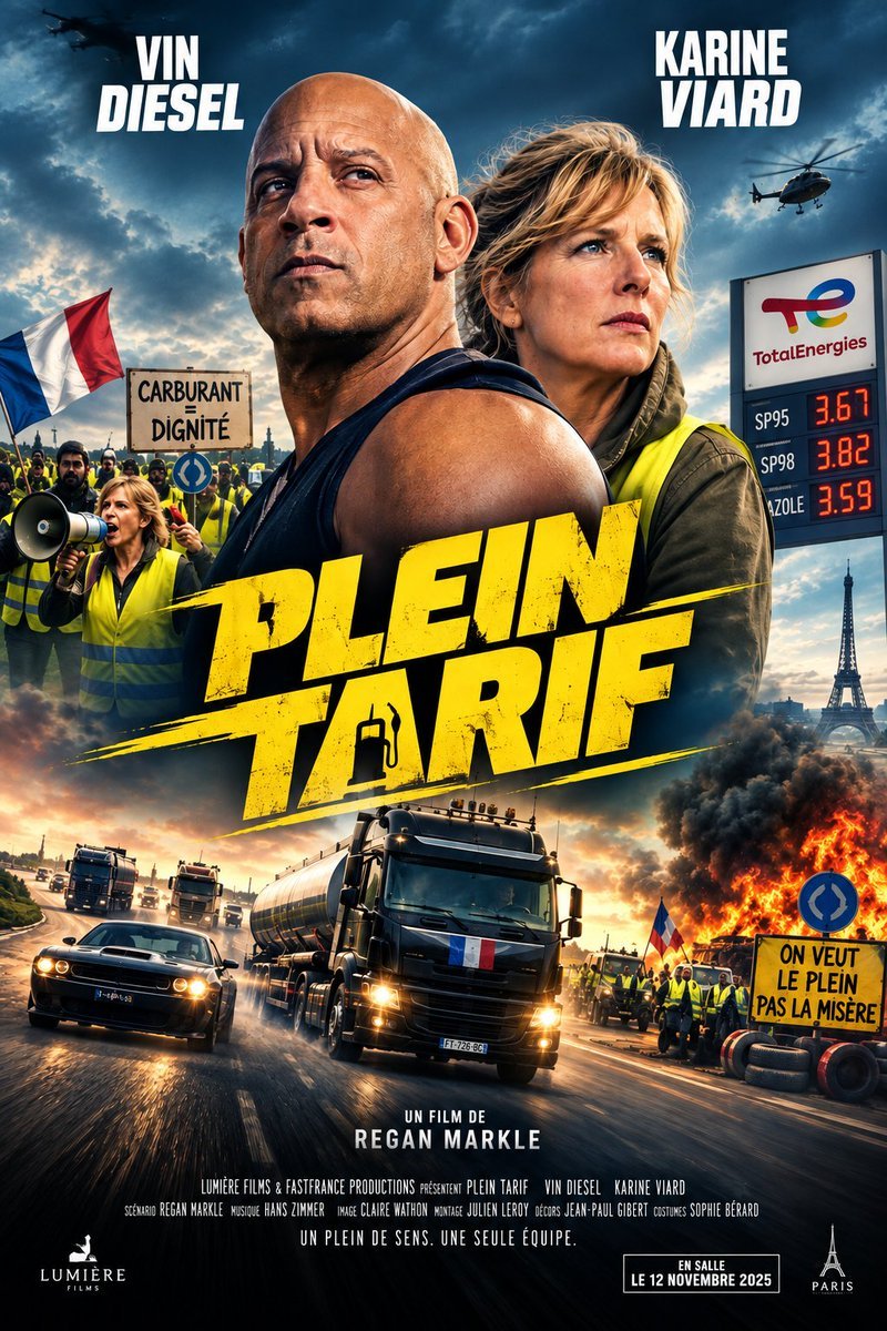 TheReganAngle's tweet photo. PLEIN TARIF 

🎬Pitch: La France est au bord de l’explosion.

Le prix de l’essence atteint des sommets. Dans les territoires, les automobilistes s’échauffent et la colère monte. La France s’enflamme.

Les Gilets jaunes sont de retour. À leur tête : Martine (Karin Viard), mère célibataire au RSA et ancienne pompiste au Leclerc d’Amilly.

Sur un rond-point de Montargis, Martine rencontre Jack (Vin Diesel), un ancien chauffeur routier américain, ex-forces spéciales, installé en France. Un taiseux qui cache un talent pour le moins singulier : il sait conduire absolument n’importe quoi.

Quand le gouvernement annonce une nouvelle hausse du prix du carburant, Martine et Jack lancent un gigantesque convoi en direction de Paris.

Camions, voitures, tracteurs, dépanneuses et véhicules en tous genres prennent la route vers la capitale.

Le pouvoir parviendra-t-il à contenir la colère populaire ? Et surtout, Jack réussira-t-il à conduire Martine jusqu’à son ultime objectif : l’Élysée ?

« Fast & Furious rencontre la France des ronds-points. Un film sympa avec plein de voitures thermiques. »
⭐⭐Auto-Moto
