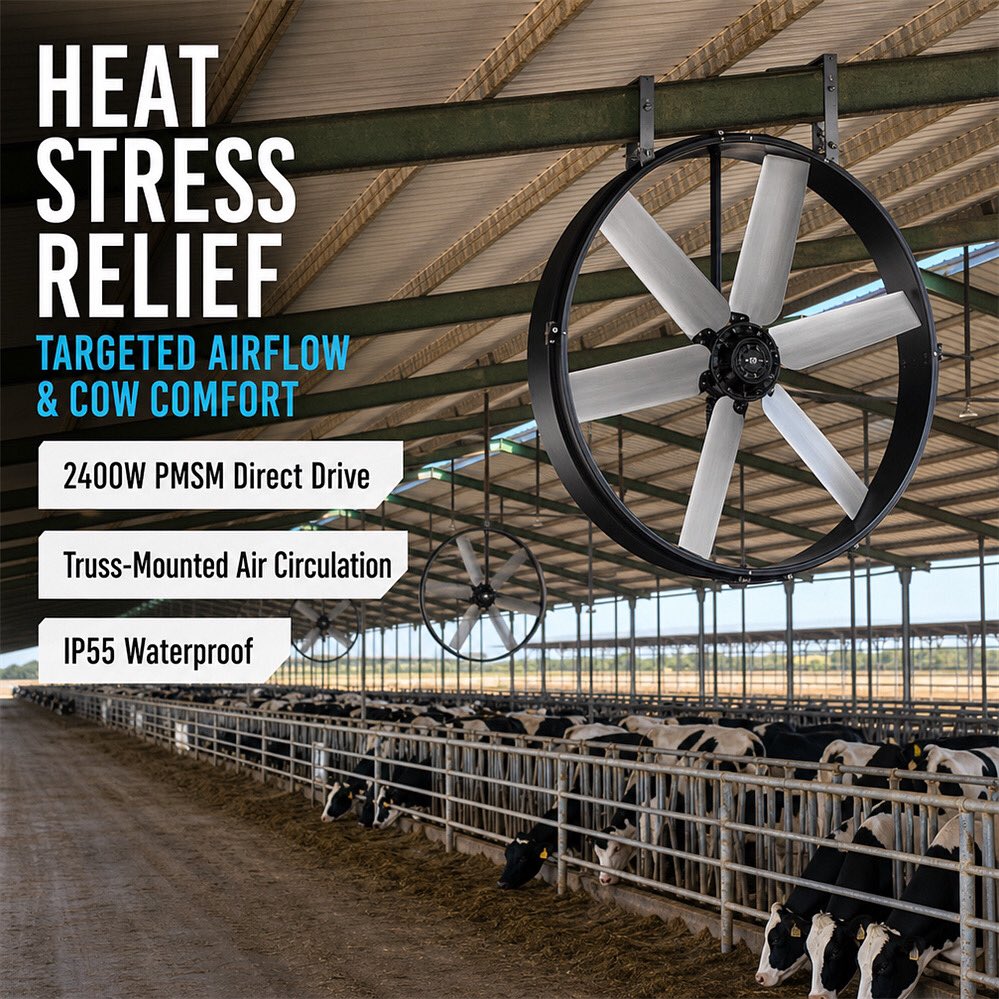 BonawindInfo's tweet photo. Heat stress relief solution for dairy cows!

This truss-mounted Panel Fan features a 2400W PMSM direct drive motor with IP55 waterproof rating. It provides targeted airflow to improve cow comfort, ideal for large dairy barn ventilation.

@SPACERennes https://t.co/KXmIino41Y