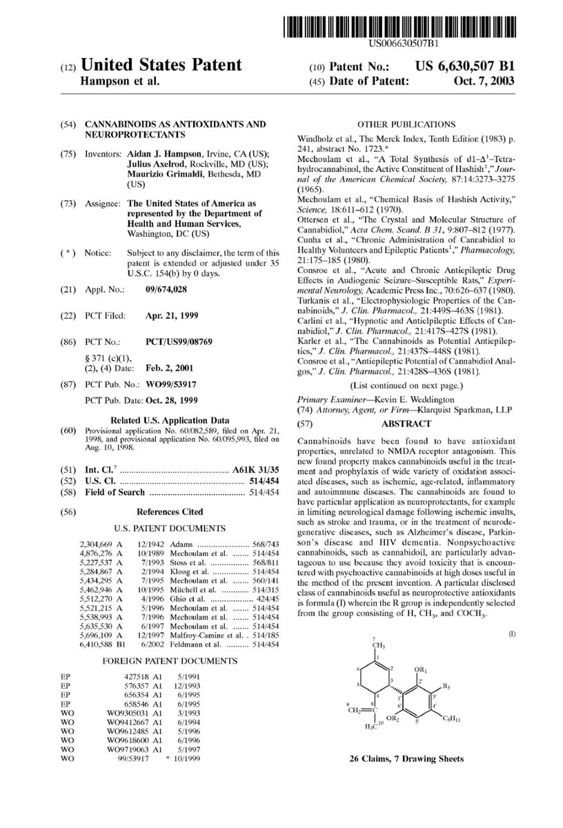 qanebesem's tweet photo. @marclanders Marijuana protects neurons. Patent number 6,630,507 assigned to THE GOVERNMENT OF THE UNITED STATES OF AMERICA AS REPRESENTED BY THE SECRETARY OF THE DEPARTMENT OF HEALTH AND HUMAN SERVICES, @SecKennedy https://t.co/hvHEL6f4of