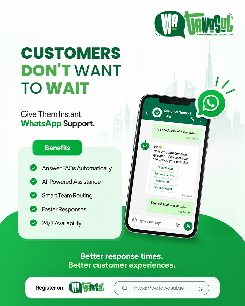 creativeiinc's tweet photo. 💬 Customers don’t want to wait!
Give them instant WhatsApp support with Wa Tawasul — AI assistance, automated FAQs, smart routing &amp; 24/7 availability. 🤖⚡

🌐 https://t.co/iD3yziy5TS
📞 +971 55 869 4287 | 📲 @creativeiinc
#WaTawasul #WhatsAppBusiness #AIChatbot #CustomerSupport https://t.co/kTwK4319ow