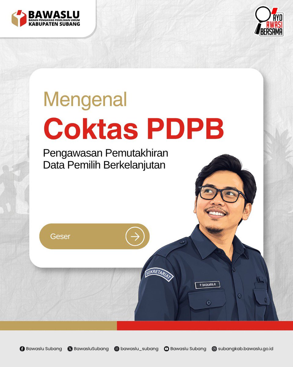 BawasluSubang's tweet photo. 🔎 Mengenal Coktas PDPB!

Coktas atau Pencocokan dan Penelitian Terbatas merupakan bagian dari upaya memastikan data pemilih tetap akurat dan mutakhir.

Bawaslu Kabupaten Subang hadir untuk mengawasi prosesnya agar berjalan sesuai ketentuan dan menjaga integritas data pemilih. https://t.co/Nd8G8nbjyz