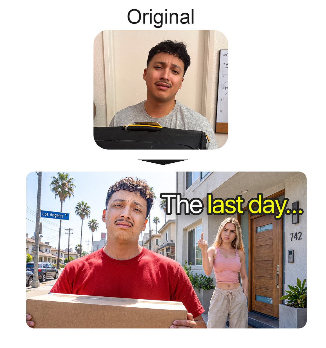 sharm_design's tweet photo. Original: guy standing in a hallway with a bag. No story, no tension.

Upgrade: same guy, delivering a package, woman flipping him off in the doorway behind him.

One extra character = instant conflict = instant stop-scroll.

"The last day..." Three dots doing all the work.

For work, DM me.
