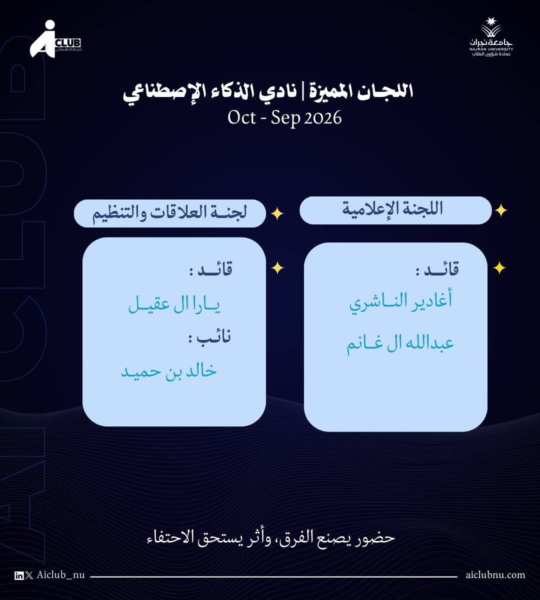 AICLUB_NU's tweet photo. ️ اللجان المميزة | نجم الشهر 🌟

نحتفي هذا الشهر باللجان والأعضاء الذين كان لحضورهم، تعاونهم ومساهماتهم أثرٌ واضح في مسيرة نادي الذكاء الاصطناعي.

شكرًا لكل من يصنع الفرق، فنجاح النادي يبدأ من اعضاءه 💙

#نادي_الذكاء_الاصطناعي #AIClubNU #رؤية https://t.co/Odl43xPXPp