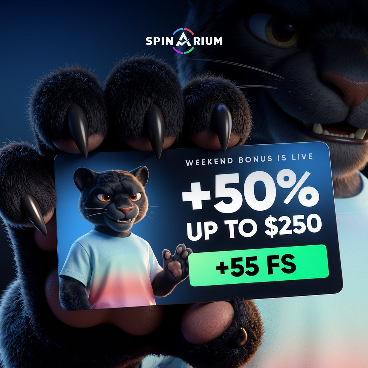 spinarium's tweet photo. Weekend Bonus is LIVE 🐾💰

+50% up to $250
+55 Free Spins
Claim before Monday 🎰
https://t.co/t16dBrswFG https://t.co/Se7H9BrKLO