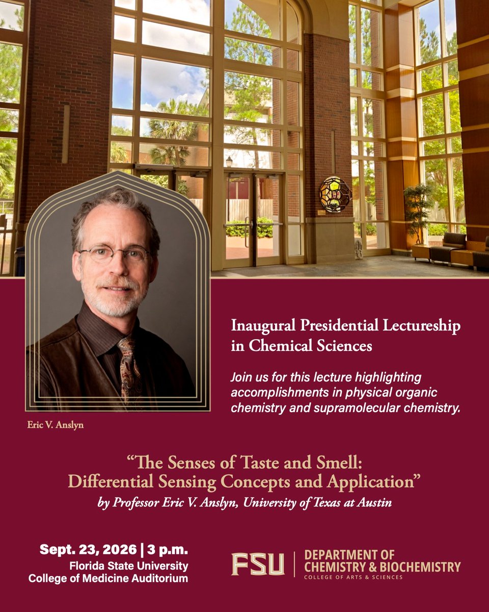 ChemistryFsu's tweet photo. On Wednesday, @FloridaState will host the Inaugural Presidential Lectureship in Chemical Sciences, featuring a talk by @UTAustin's Eric V. Anslyn! 🧑‍🔬

🗓️ Wednesday, Sept. 23
⏰ 3 p.m.
📍 @FSUCoM Auditorium

More info: https://t.co/vymNPWJ1Rb

@FSUResearch @FSUartssciences https://t.co/MXKYjN2q7W