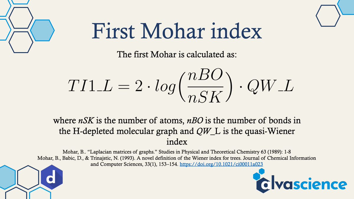 alvascience's tweet photo. #descriptoroftheday #moleculardescriptors #qsar #cheminformatics #alvatips

First Mohar index has been proposed in "A novel definition of the Wiener index for trees" via @JCIM_JCTC https://t.co/rnZ8Ha0dmS

Check #alvaDesc at: https://t.co/XvCDHIBg2o https://t.co/grLRuKKgla