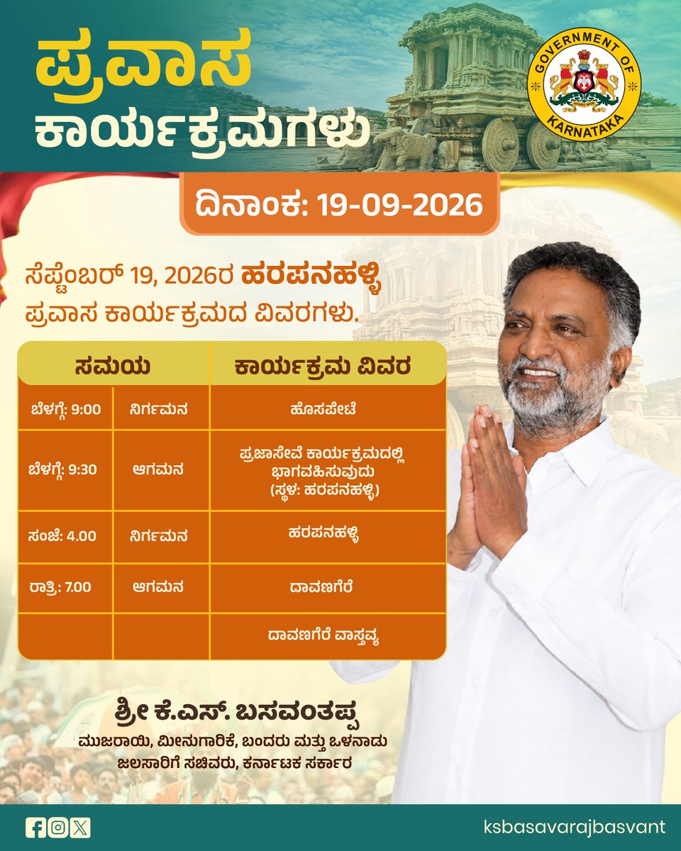 KSBasavanthappa's tweet photo. ನಾಳಿನ ಕಾರ್ಯಕ್ರಮದ ವಿವರಗಳು. [ 19-09-2026 ]
  #KSBasavanthappa #MinisterBasavanthappa #VijayanagaraInchargeMinister #Harapanahalli #KarnatakaGovt https://t.co/xLTTN8YDzF