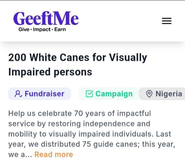 geeftmeglobal's tweet photo. Over seventy years of service. Thousands of lives touched. Countless stories of hope.

Support Federal Society For The Blind on the goal: to restore independence and mobility to 200 visually impaired individuals in Oshodi, Lagos, by providing them with guide canes. https://t.co/vjMc3B8GFR