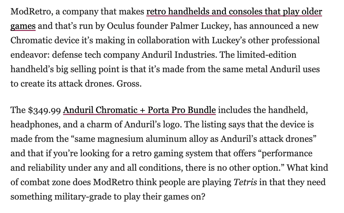 cecililytweets's tweet photo. @LoganPaul Anyway, did you know that ModRetro, the console likely sponsoring this sudden interest in shiny hunting, is owned by a weapons manufacturer called Palmer Luckey and made one of their consoles with the same material as AI war drones actively being used in warzones? https://t.co/EIGahsGA0u