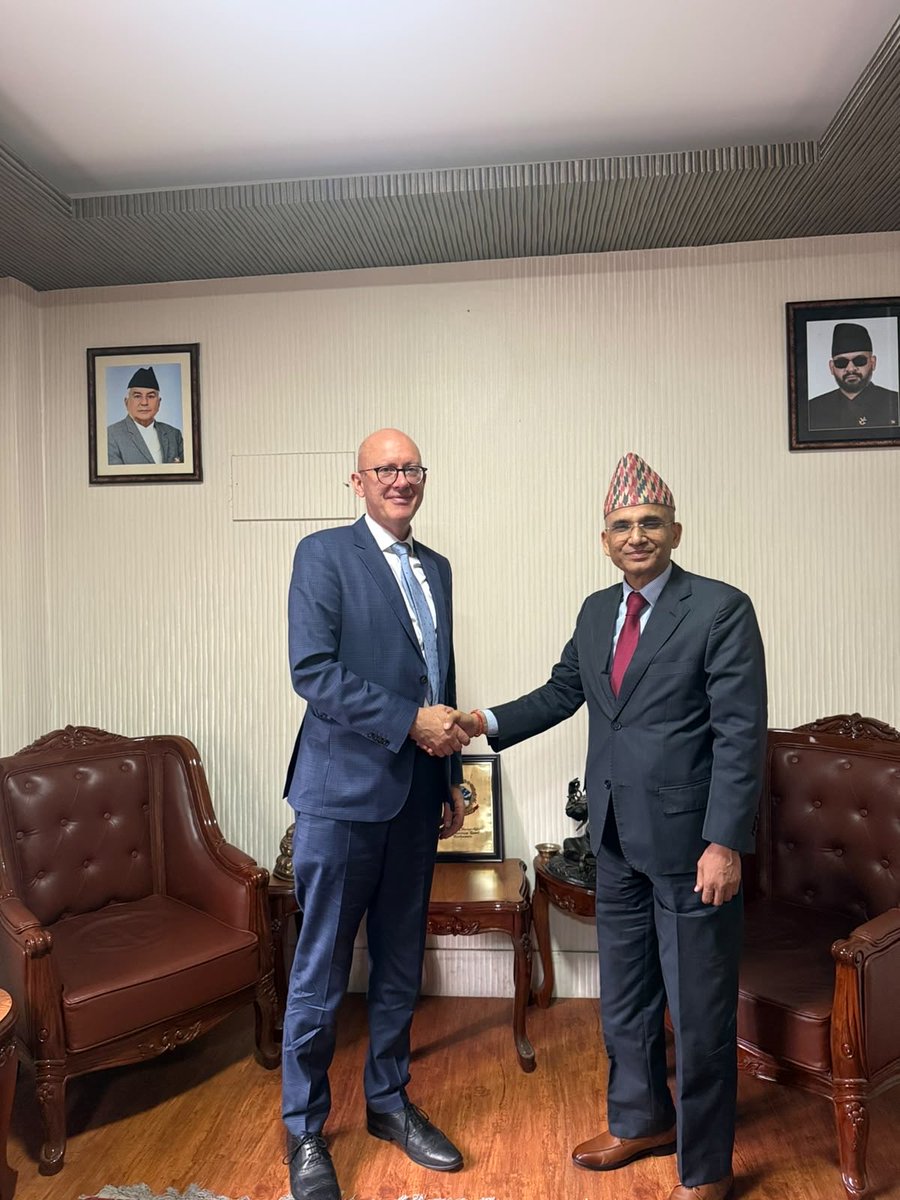 ganeshpdhakal's tweet photo. Pleased to receive and congratulate the newly arrived Ambassador-designate of the EU to Nepal Mr. Charles Whiteley at the Foreign Ministry today. We discussed a broad spectrum of 🇳🇵- 🇪🇺 partnership, including the EU support in response to the recent devastating flood in Nepal. https://t.co/AzbWqevngO