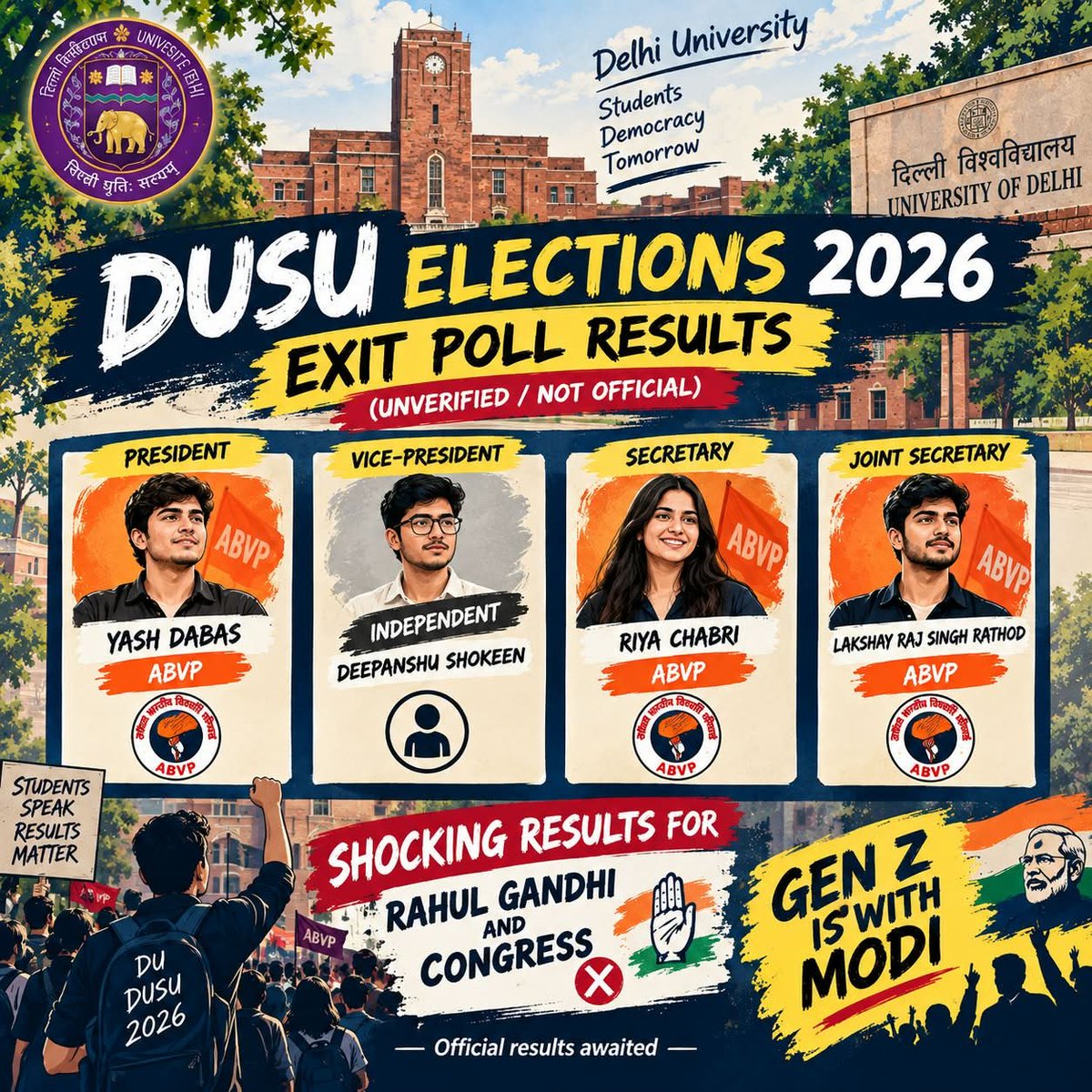 Hindulive's tweet photo. 🚨 DUSU 2026 | EXIT POLL  🚨

As per the exit-poll 
 President — Yash Dabas (ABVP)
Vice-President — Deepanshu Shokeen (Independent)
Secretary — Riya Chabri (ABVP)
Joint Secretary — Lakshay Raj Singh Rathod (ABVP)

#Nsui #ABVP #DUSU https://t.co/FEKHXCsu9N