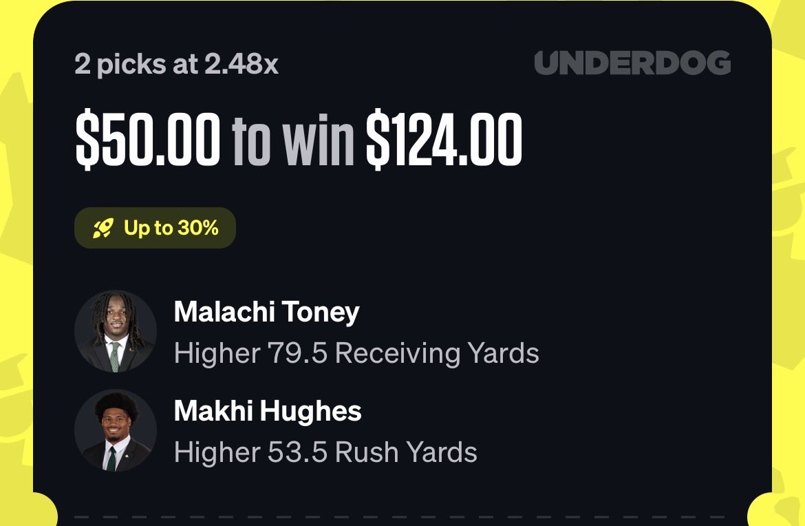 The_Prop_Father's tweet photo. Friday CFB play🏈🤌

Malachi Toney 79.5+ Rec Yds
Mekhi Hughes 53.5+ Rush Yds

Toney is 2/2 over with big-play ability. Hughes reunites with the staff he thrived under at Tulane, now behind a revamped Houston OL.

Full reasoning below💰 https://t.co/KUnoThZmAy