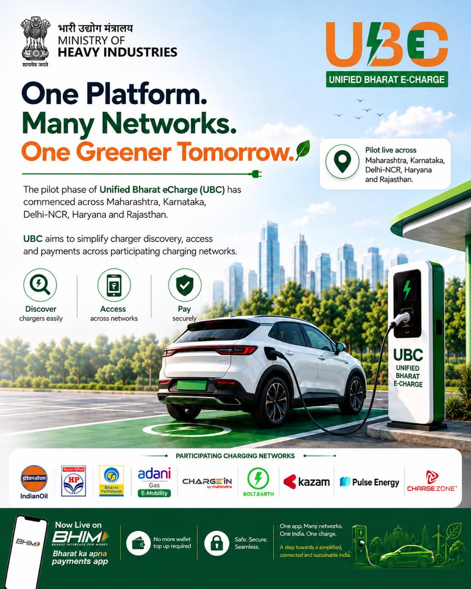 NPCI_BHIM's tweet photo. One app. Many networks. One seamless EV charging experience.

With UBC now live on the BHIM App, discover, access and pay across participating EV charging networks with ease

#BHIMApp #EvRecharge https://t.co/BzYLXIBrl8