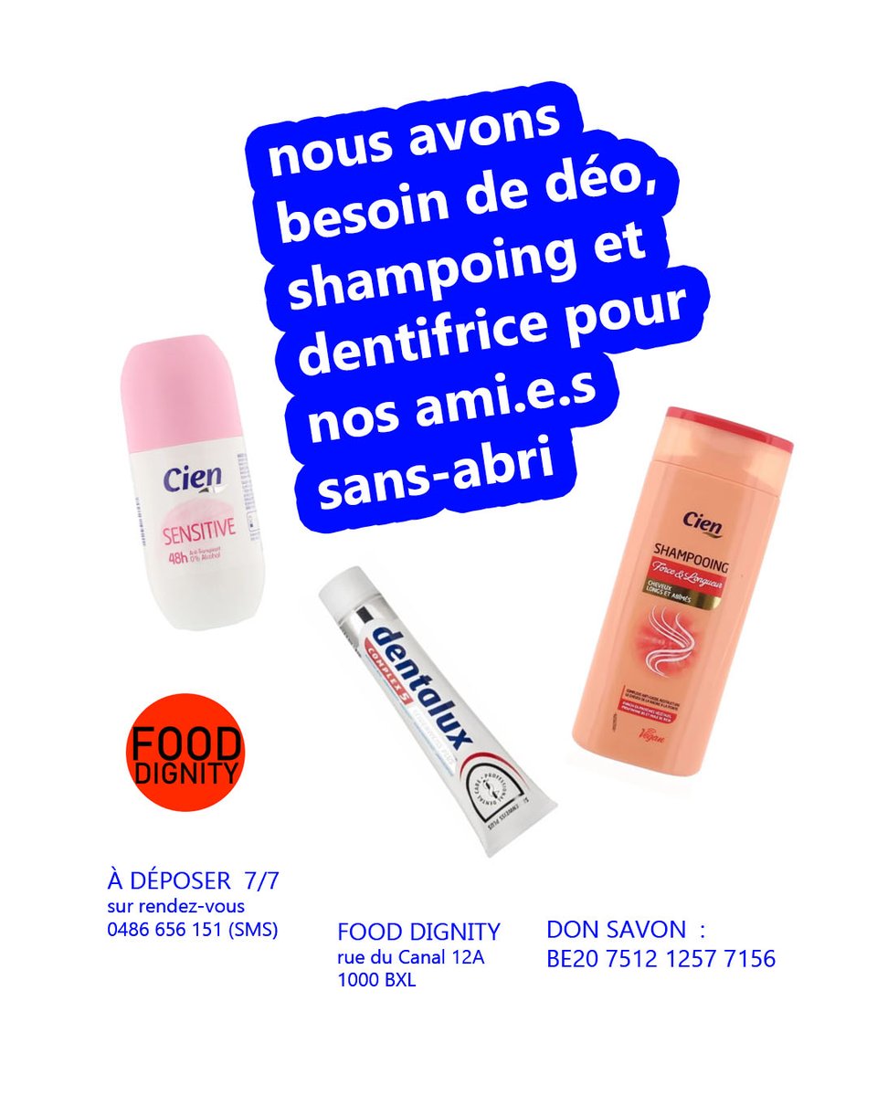 job_dignity's tweet photo. À déposer 7/7 chez #FoodDignity au #GrandHospiceDon savon : BE20 7512 1257 7156 #shower #douche #homeless #daklozen #sansabri #hygiène https://t.co/GkOmsbfkHh