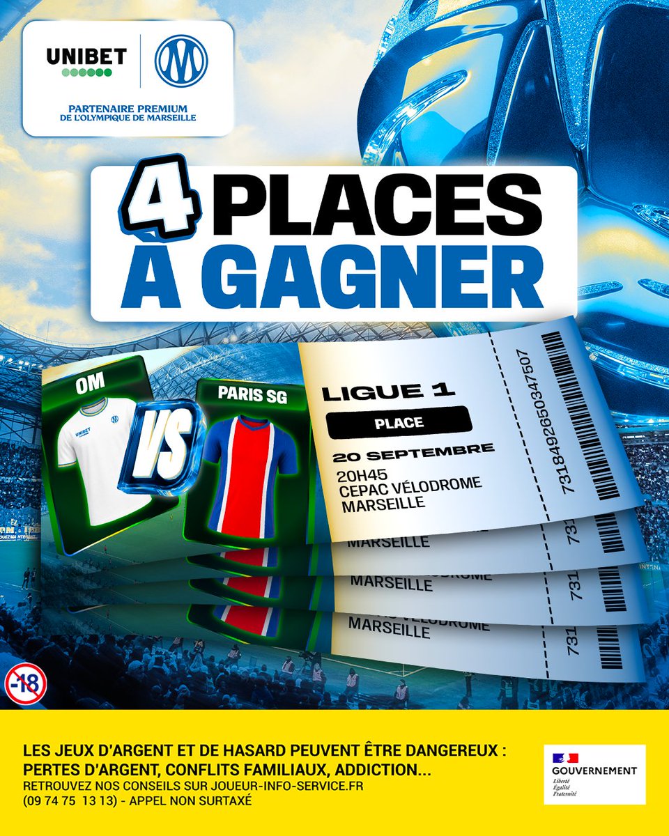 UnibetFrance's tweet photo. 🚨 Les dernières places pour le Classico !

🤩 On vous régale avec 2 x 2 places à gagner au CEPAC Vélodrome pour le choc de la rentrée entre l'@OM_Officiel et le PSG !

👉 RT/Follow @UnibetFrance + #OMxUnibet
🍀 TAS demain https://t.co/bYkUzgthm8
