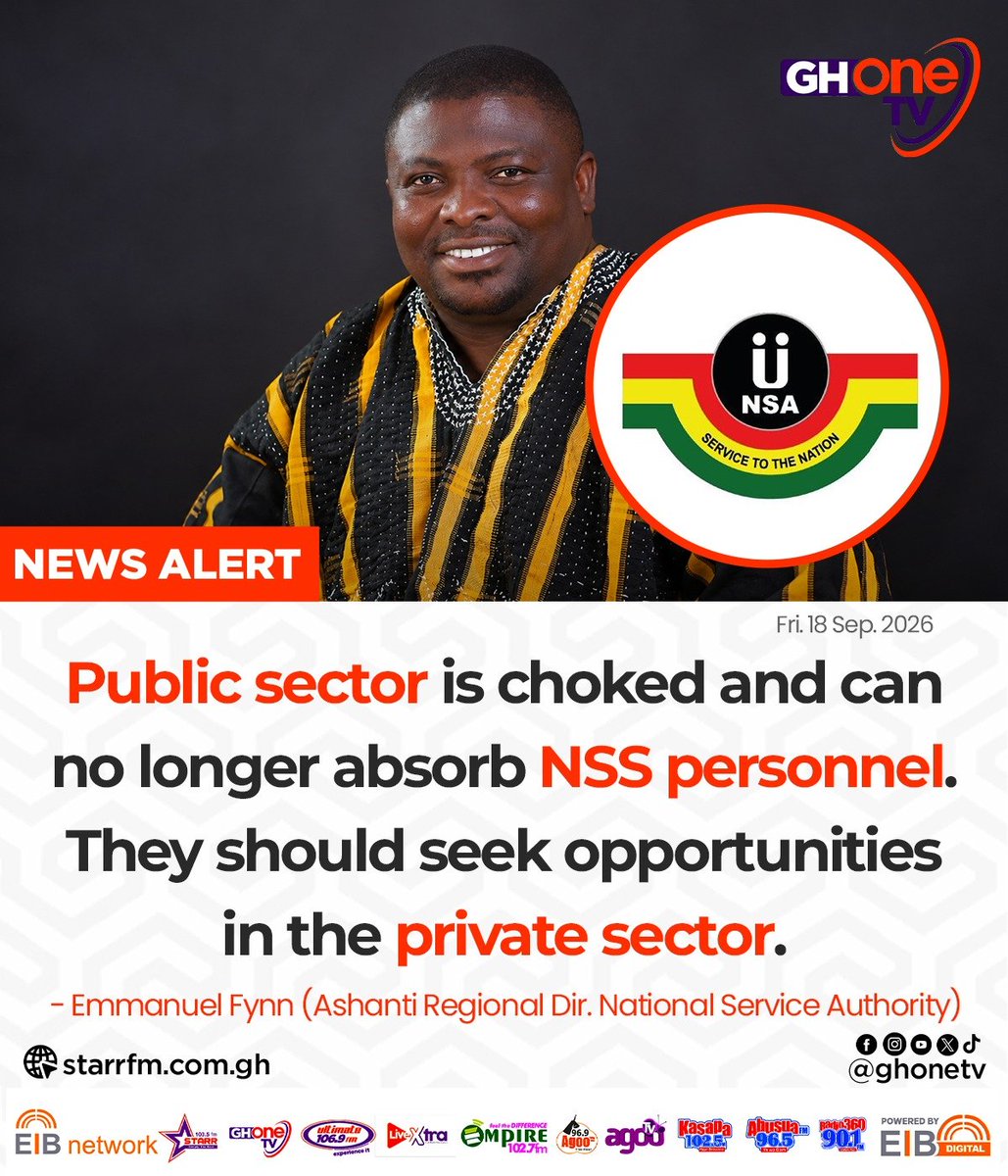 ghonetv's tweet photo. Public sector is choked and can no longer absorb NSS personnel. They should seek opportunities in the private sector... - Emmanuel Fynn (Ashanti Regional Dir. National Service Authority)

#EIBNetwork #GHOneTV 
#GHOneNews #NewsAlert https://t.co/CAHQdQd7ca