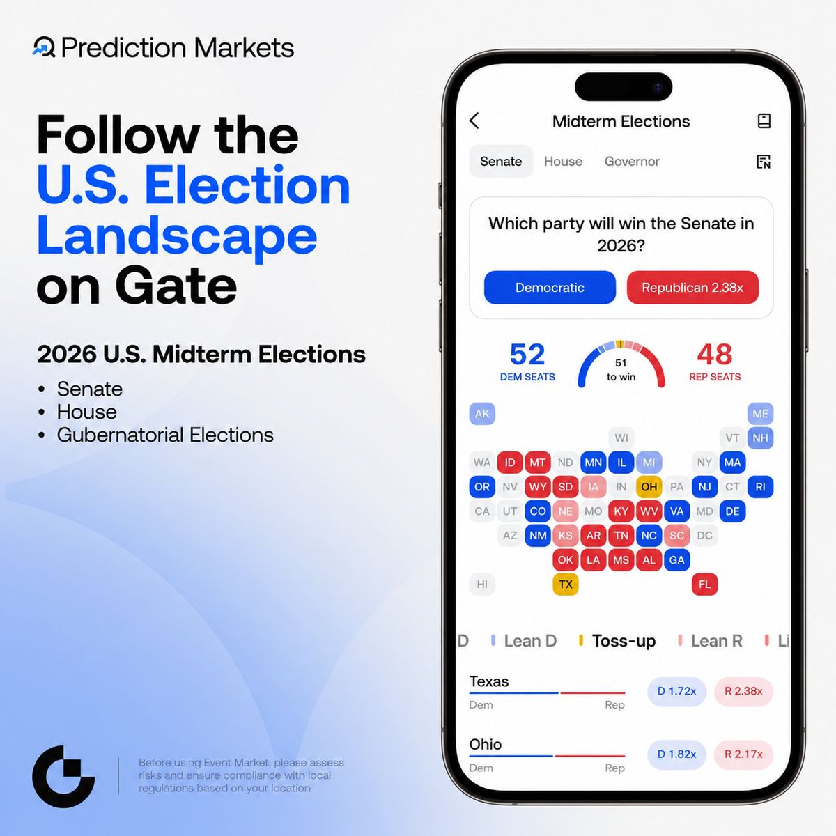 Gate_Launch's tweet photo. Who will control Congress after the 2026 U.S. midterms? The markets are already pricing in the outcome.

The “2026 U.S. Midterm Elections” hub is now live on Gate Prediction Markets:
🔹 Explore Senate, House, and gubernatorial races in one place
🔹 View the U.S. election map and party seat breakdowns at a glance
🔹 Quickly discover high-profile races and key battlegrounds

From the national picture to pivotal races, explore the 2026 U.S. midterm landscape on one page—and make your predictions.

Prediction Path: App Homepage - Trenches - Prediction Markets - Midterm Elections

Join now: https://t.co/Y1a1vaWI4t