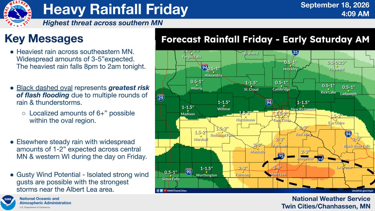 NWSTwinCities's tweet photo. Today will be a washout for most of the forecast area. The corridor for heaviest rainfall still lies across the MN/IA/WI border where isolated amounts of greater than 5" are possible through late tonight. Get the latest hourly forecast for your location at https://t.co/BcBghSFmCE https://t.co/t712BaTAyU