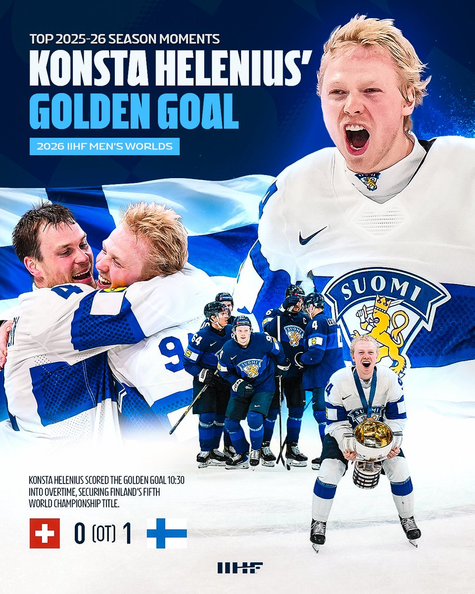 IIHFHockey's tweet photo. A goal that wrote Konsta Helenius into history and secured Finlandโs fifth #MensWorlds title. ๐ซ๐ฎ๐๐ฅ
Ahead of the new hockey season, we're looking back at the most memorable moments of the 2025-26 season. Check out the full list here: https://t.co/htWMSO8xAc
#IIHF @leijonat https://t.co/GNhmlMVs6a