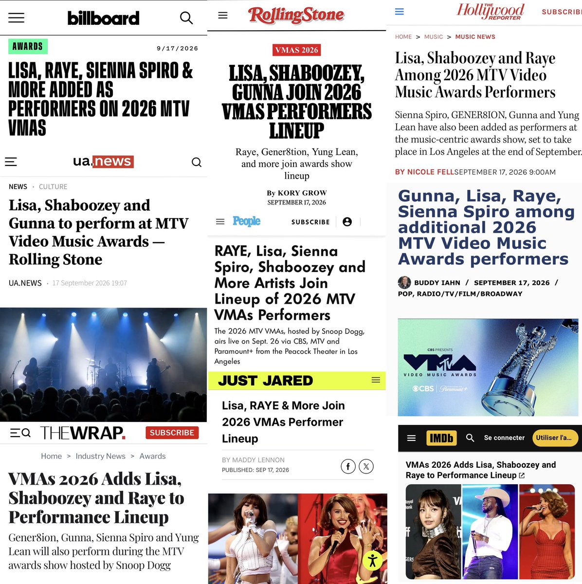 thisbbyslay's tweet photo. Rolling Stone, The Hollywood Reporter &amp; Billboard — Global Superstar #LISA is already the main attraction of the 2026 #VMAs https://t.co/iNrHNU98Zg