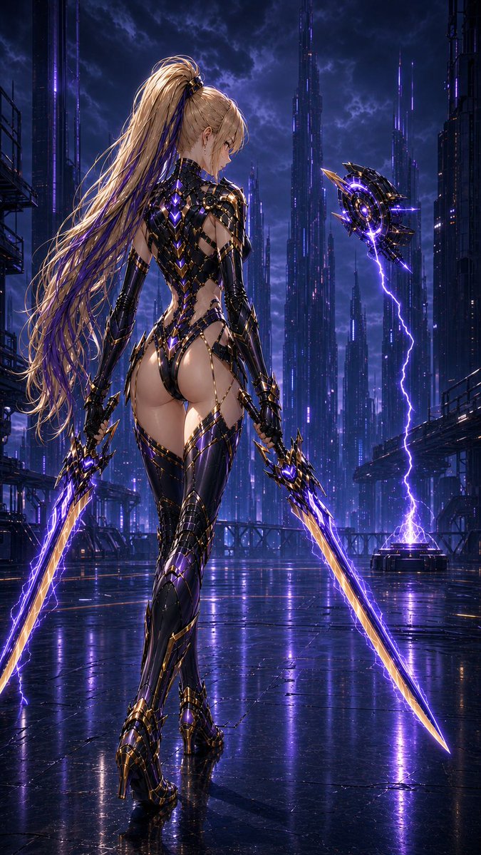 FantasiaMuse's tweet photo. 【⚡ミカ・ザンティス｜雷霆装束録 Vol.09】
～ 雷閃を走らせる双刃 ～

紫の雷光に浮かぶミカを、今夜はこの装いで。
双刃を振るう姿には、華やかさだけでは言い尽くせない迫力がありますね。⚔️

☀️ プロフィールのリンク先では毎日、**3日間限定の美姫ビジュアル**を更新中。
公開終了後は非表示になります。まずは無料プレビューをチェック🗝️

【⚡Mika Zantis | Lightning Attire Log Vol.09】
～ Twin Blades Racing with Thunder ～

Tonight, Mika in this striking attire, lit by purple lightning.
As she wields her twin blades, there is a force to her presence that goes well beyond the outfit. ⚔️

☀️ **Daily 3-day limited heroine drops** are available via the link in my profile.
They disappear after 3 days. Start with the free preview. 🗝️

SFWイラスト
This is SFW illustration.

#AIイラスト #AIart