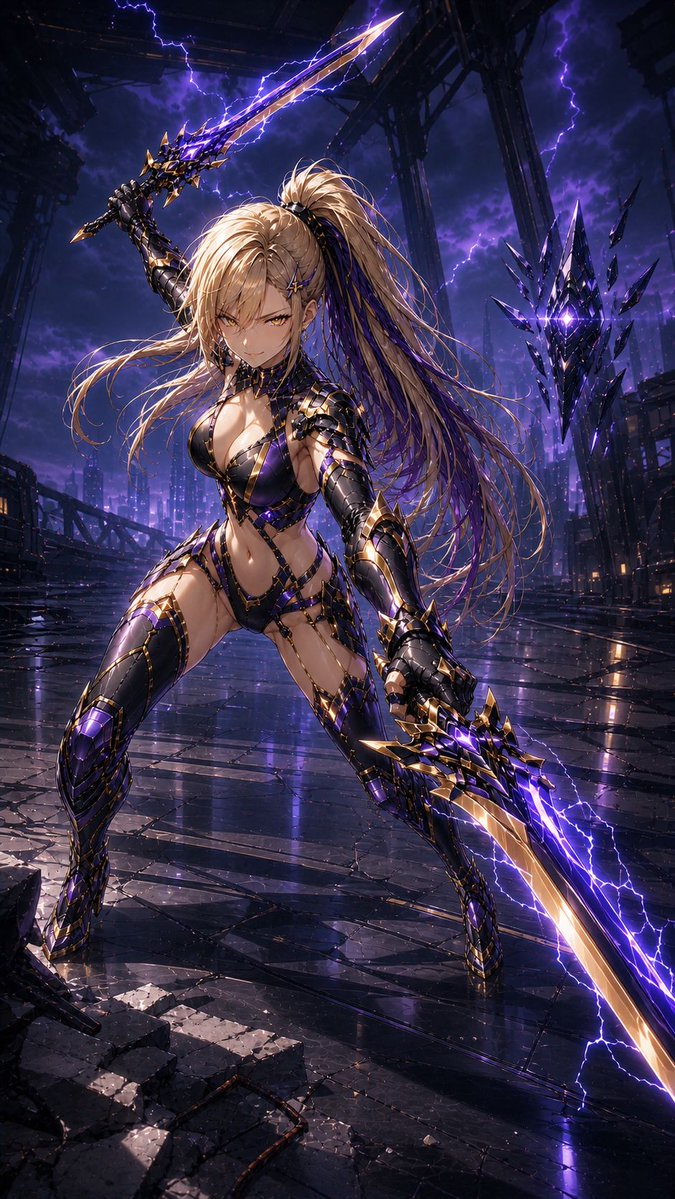 FantasiaMuse's tweet photo. 【⚡ミカ・ザンティス｜雷霆装束録 Vol.09】
～ 雷閃を走らせる双刃 ～

紫の雷光に浮かぶミカを、今夜はこの装いで。
双刃を振るう姿には、華やかさだけでは言い尽くせない迫力がありますね。⚔️

☀️ プロフィールのリンク先では毎日、**3日間限定の美姫ビジュアル**を更新中。
公開終了後は非表示になります。まずは無料プレビューをチェック🗝️

【⚡Mika Zantis | Lightning Attire Log Vol.09】
～ Twin Blades Racing with Thunder ～

Tonight, Mika in this striking attire, lit by purple lightning.
As she wields her twin blades, there is a force to her presence that goes well beyond the outfit. ⚔️

☀️ **Daily 3-day limited heroine drops** are available via the link in my profile.
They disappear after 3 days. Start with the free preview. 🗝️

SFWイラスト
This is SFW illustration.

#AIイラスト #AIart