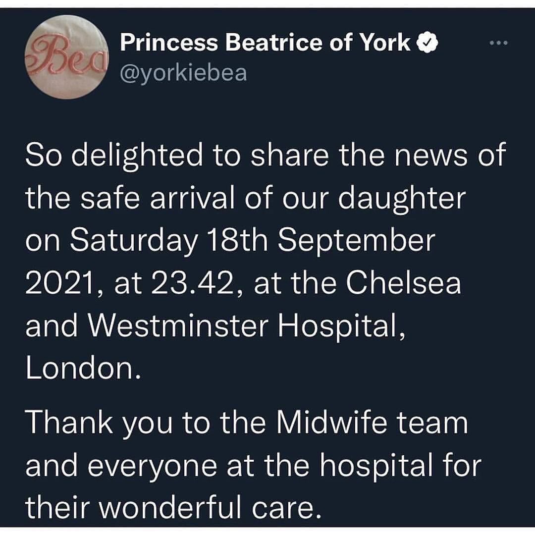 RoyalWikipedia's tweet photo. Wishing a happy fifth birthday to Miss Sienna Mapelli Mozzi❤️
Princess Beatrice gave birth at the Chelsea and Westminster Hospital on the 18th September 2021 to a daughter whose name, Sienna Elizabeth, was announced on the 1st October 2021❤️
#PrincessBeatrice #EdoardoMapelliMozzi https://t.co/nluFq5lr9v