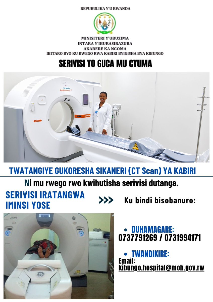 KibungoH's tweet photo. Mu rwego rwo kurushaho kwihutisha serivisi dutanga, by'umwihariko iyo guca mu cyuma (Radiology), twatangiye gukoresha Sikaneri (CT Scan) ya kabiri. Serivisi iratangwa iminsi yose.
@RwandaHealth @RBCRwanda @RwandaEast @NgomaDistrict https://t.co/Jn0oIYHOu5