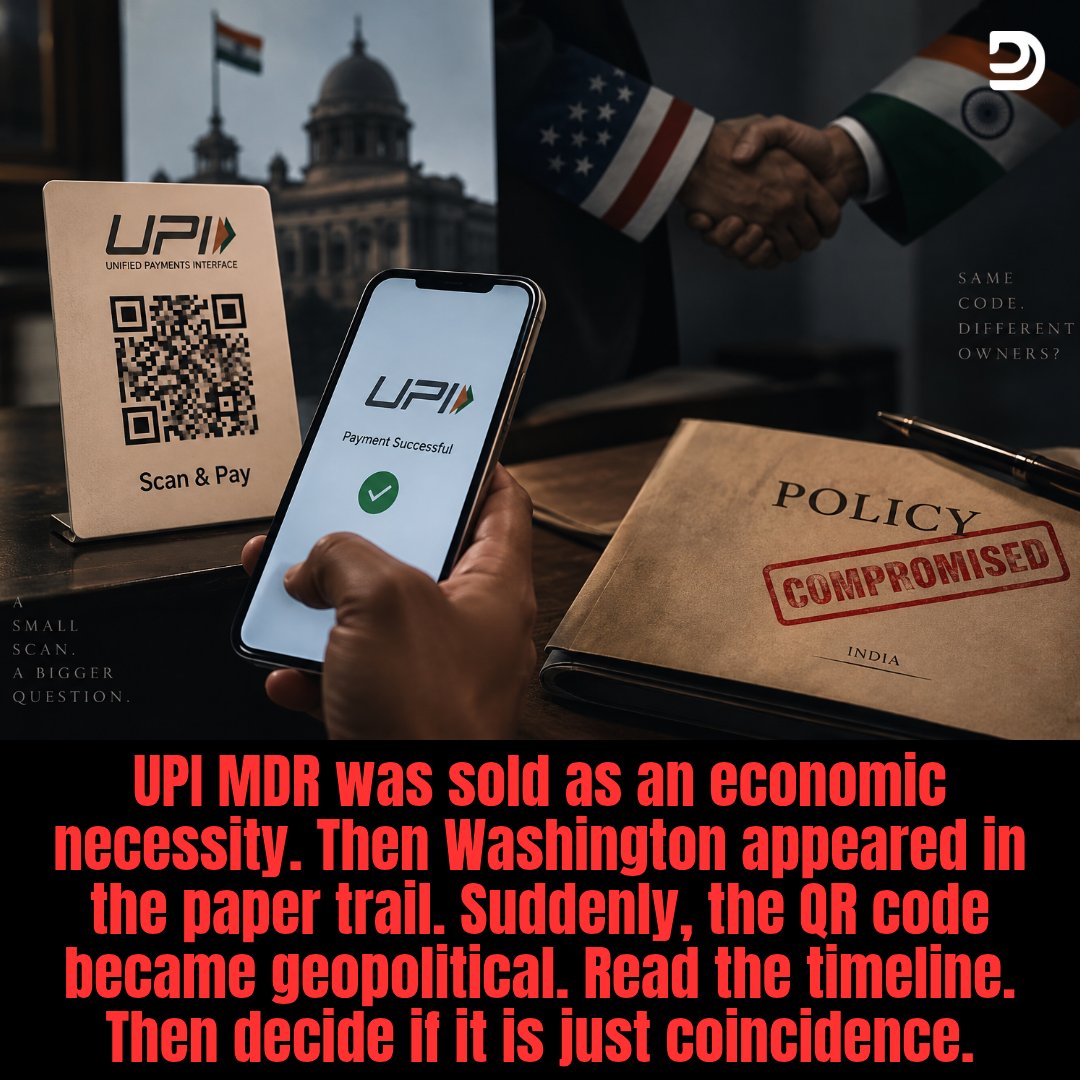 md_deepesh's tweet photo. Making UPI transactions chargeable looks innocent.
The paperwork does not.
There is a geopolitical shadow behind that QR code.
And the timeline is the part almost nobody is reporting.

21 June 2018.
Mastercard complained to the US Trade Representative.
Its concern was simple.

India was favouring RuPay.
It called India's approach protectionist.

9 Aug 2021.
Visa CEO Alfred Kelly and other executives met USTR.
Again, the concern was a "level playing field".
Visa said Indian policies appeared to favour NPCI.

17 Sept 2025.
USTR formally invited American companies to report foreign trade barriers.
India's payment system came under the scanner again.

30 Oct 2025.
The National Foreign Trade Council submitted its report.

Its concern?
Indian payment policies favoured domestic players over foreign ones.

Q1 2026.
Visa's US lobbying disclosures again listed payment issues involving India.

The agencies involved?

USTR.
Treasury.
Commerce.
State Department.
National Security Council.

31 March 2026.
USTR put its concerns on record.
India's payment policies favoured domestic players.

That was the complaint.
A "non-level playing field".

Then came India.

Aug 2026.
New Taxation Bill 2026 was passed.
The policy framework changed.

Sept 2026.
UPI MDR arrived.

Does this prove America caused it?
No.

But the timeline deserves attention.
Because the direction matters.

India has now opened a Pandora's box.

Today it is 0.4%.
Today it starts above ₹2,000 for specified merchants.

Tomorrow?
Lower slabs could come.
More categories could come.
Rules can change again.

And remember one number.

Who controls India's UPI app market?

PhonePe: 45.87%.
Google Pay: 32.43%.
Paytm: 8.07%.

PhonePe is controlled by Walmart.
American.

Google Pay belongs to Google.
Again, American.

PhonePe + Google Pay control about 78% of  India's UPI volume.

Think about that.

UPI was built in India.
NPCI built the rail.
Indian banks built the plumbing.
Indian citizens created the scale.

Now MDR creates a revenue pool around that scale.

Who stands closest to it?
The companies already processing the transactions.

And the two biggest are American-controlled.

And Visa and Mastercard?

Zero-MDR UPI gave merchants something card networks cannot.
A payment rail with no merchant fee.

That advantage has now narrowed.
And we are killing it.

And once UPI becomes monetisable,
The fight for India's payment traffic changes.

Existing giants have more reason to fight.
New players get a clearer business case.

India has opened the door.
Maybe only an inch today.
But doors rarely remain an inch open forever.

My question is simple.

Did Bharat build the world's greatest payment rail only to slowly monetise it for someone else?