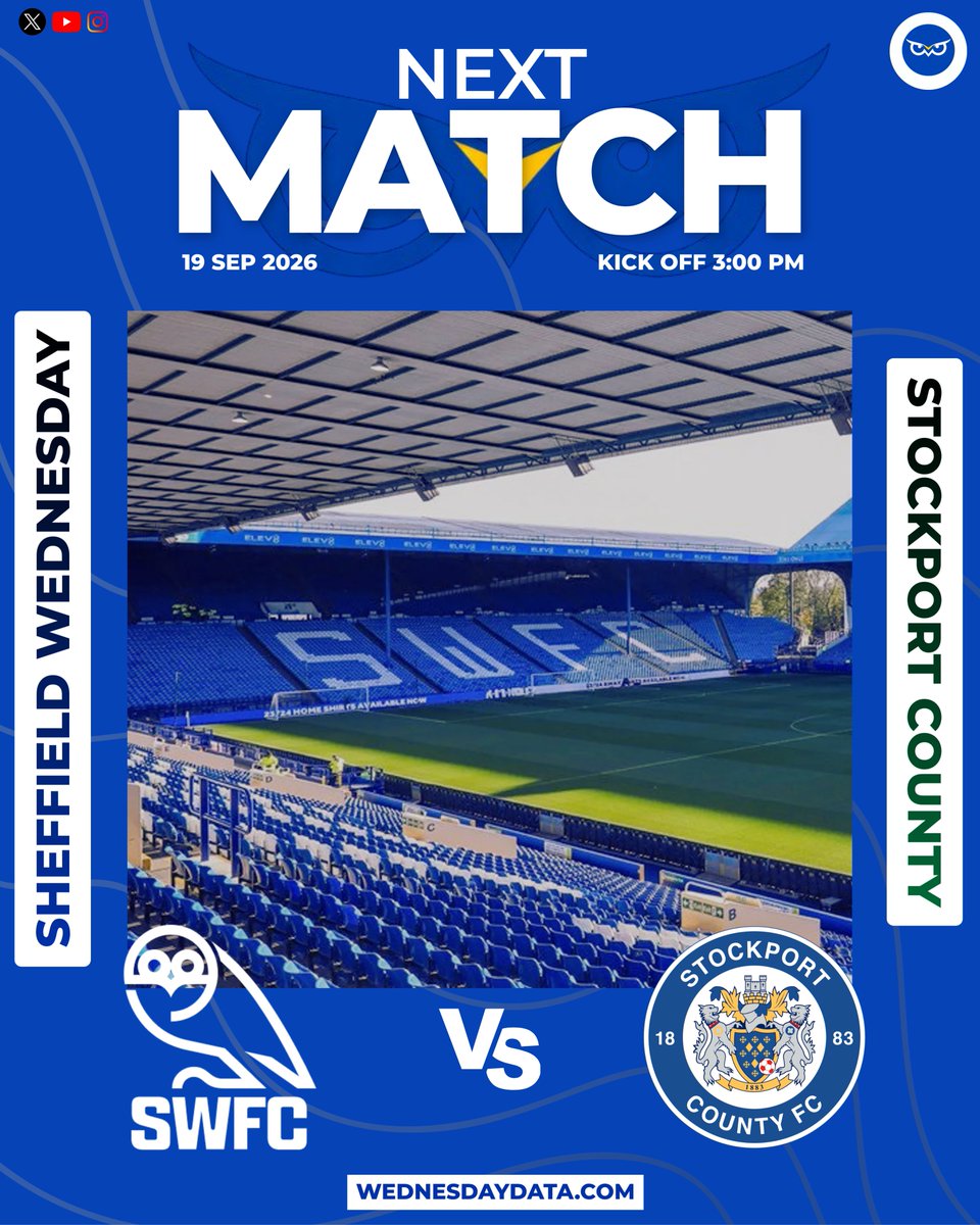 WedsData's tweet photo. 🔵⚪️ NEXT UP: STOCKPORT COUNTY

The Owls are back at Hillsborough! 🦉

Wednesday welcome Stockport County to S6 as they look to pick up another important three points.

📍 Hillsborough
⚽ Sheffield Wednesday 🆚 Stockport County
🗓️ Tomorrow
⏰ 3:00pm

How are you feeling about this one? 👀

#SWFC #WAWAW #StockportCounty #SheffieldWednesday