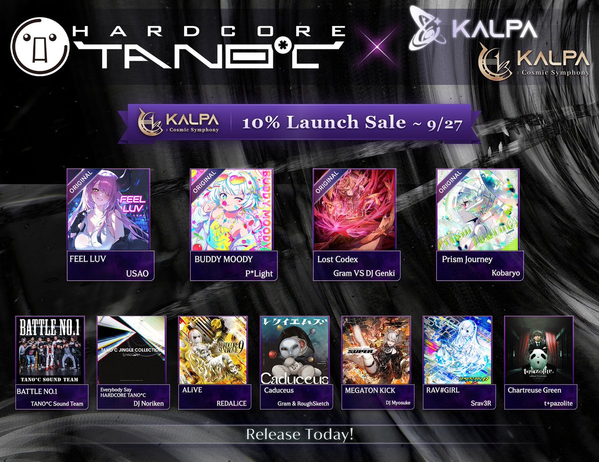 KALPA_twt's tweet photo. 【コラボリリース】HARDCORE TANO*C × KALPA

オリジナル新曲4曲を含む全11曲を収録！
最高難易度ASTRA譜面も盛りだくさん！

9月18日19時、PC・モバイル同時リリース！
今すぐプレイしに行こう！！

🔥 リリース記念10%OFF実施中！（Steam）
🔥 TGS出展記念、本編40% + 全DLC最大30%OFF実施中！

STEAM ➡️ https://t.co/SEFflkw8We
STOVE ➡️ https://t.co/UwXoePej0u
Mobile ➡️ https://t.co/n5CcJGCT0m

🎮 TGS 2026会場で試遊できます！
9/17(木)~21(月) 幕��メッセ · Selected Indie 80 · ブース09-E97

ハードコアを楽しむ準備はできてるか!? ヾ(゜Д゜)ノ

NEW ORIGINAL SONGS
FEEL LUV - USAO
@USAO926
Artwork : @modorio3o

BUDDY MOODY - P*Light
@P_Light
Artwork : @Lida_2617

Lost Codex - Gram VS DJ Genki
@genkianamei
Artwork : @nepperoni

Prism Journey - Kobaryo
@Kobaryo_2b1c
Artwork : @miy_u1308

TRACKLIST
BATTLE NO.1 - TANO*C Sound Team
Everybody Say HARDCORE TANO*C - DJ Noriken
@noriken

ALiVE - REDALiCE
@REDALiCE

Caduceus - Gram & RoughSketch
@uno_roughsketch

MEGATON KICK - DJ Myosuke
@myosuke

RAV#GIRL - Srav3R
@Srav3R

Chartreuse Green - t+pazolite
@tpazolite

@tanoc_official
#KALPA #HARDCORETANOC #tanoc