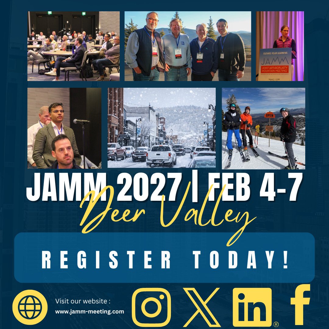 HipSocKneeSoc's tweet photo. Why does JAMM matter? Presented by The Hip Society &amp; The Knee Society—trusted leaders in adult reconstruction. Education, evidence, and candid peer talks. That's the JAMM advantage. REGISTER TODAY! https://t.co/SQ4XApSXOp https://t.co/4RDFaJmi83